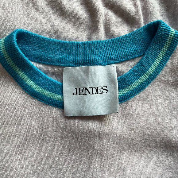 JENDES Mobile Phone Light Pale Pink Soft Knit T-shirt with Blue Rims Size S - Picture 6 of 8